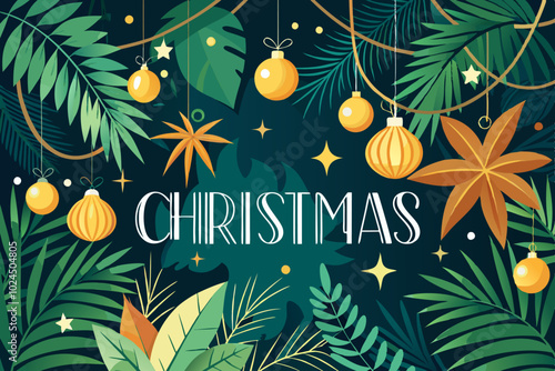 Tropical christmas design with festive ornaments and lush greenery for holiday banners