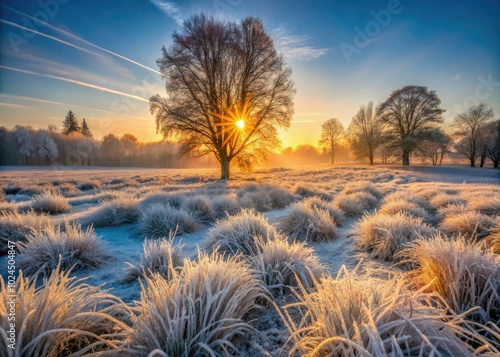 Frost-kissed grass glistens under winterâ€™s gentle touch, showcasing natureâ€™s serene beauty. Each blade sparkles like diamonds, creating a stunning, tranquil landscape of icy wonder. photo