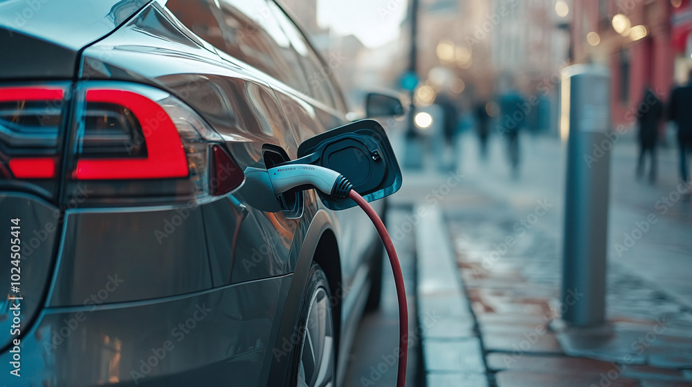 An electric car is standing at a charging station on a city street An electric car is standing at a charging station on a city street