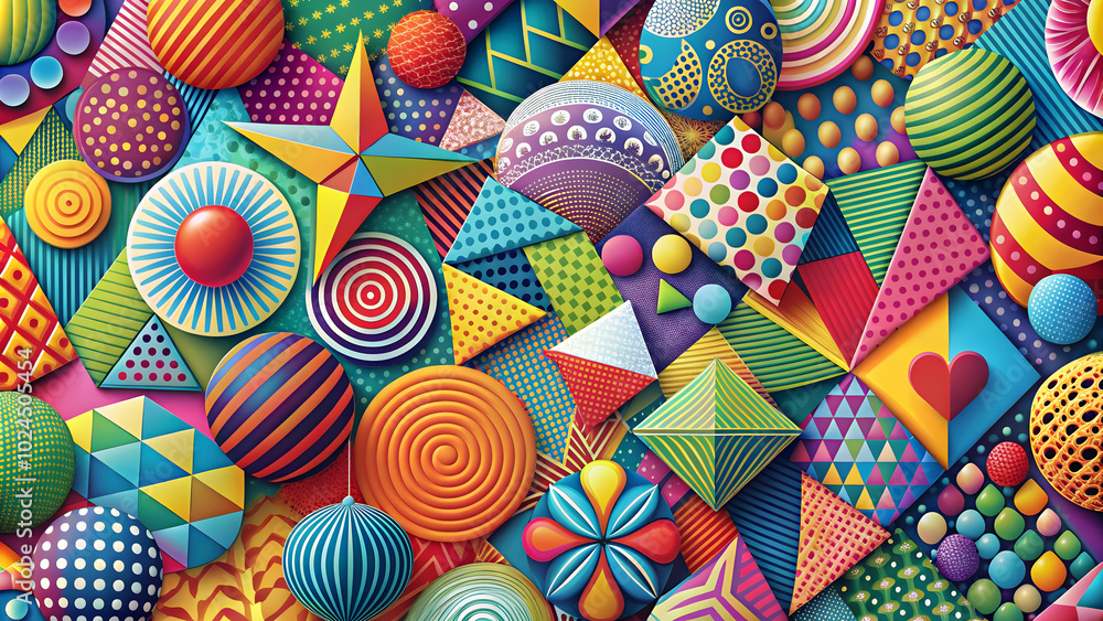 Naklejka premium Vibrant Abstract Shapes: A mesmerizing collage of colorful, 3D geometric shapes and patterns creates a visually stunning and playful artwork. Perfect for design projects needing a bold.