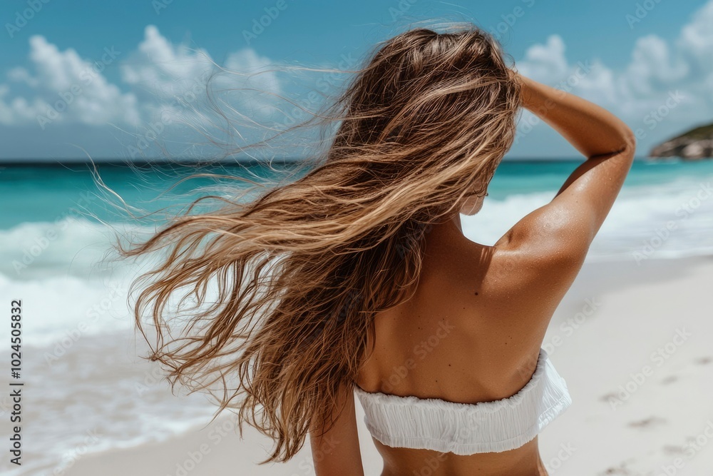 Woman with Long Hair Facing Away on Beach Woman with Long Hair Facing Away on Beach