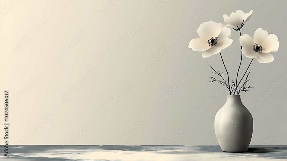 Three white flowers in a vase on a wooden table against a cream background. Three white flowers in a vase on a wooden table against a cream background.