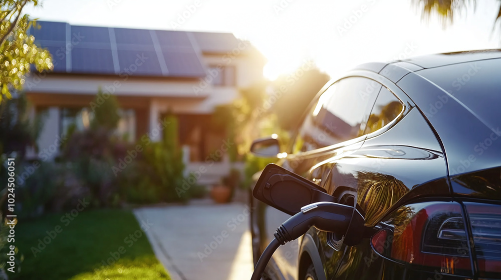 Electric car charging in the yard against the background of a private house with solar panels on the roof Electric car charging in the yard against the background of a private house with solar panels on the roof