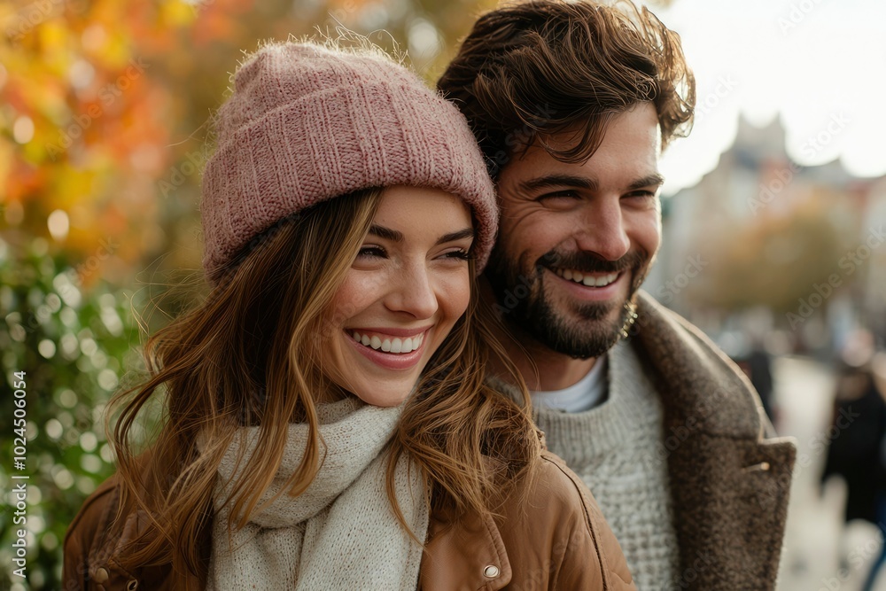 Couple Smiling Together in Autumnal Setting Couple Smiling Together in Autumnal Setting
