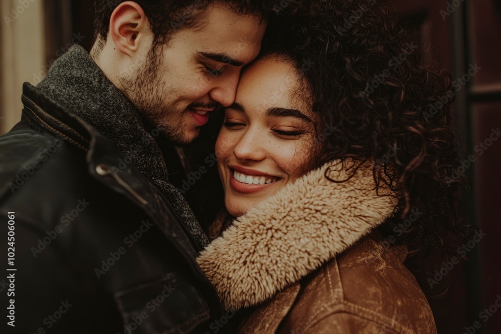 Couple's Tender Embrace in Close-Up with Warm Lighting Couple's Tender Embrace in Close-Up with Warm Lighting