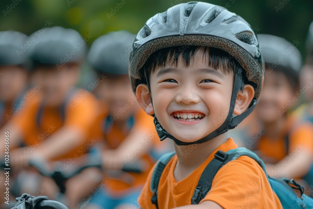 A Young Boy Wearing a Helmet Smiles While Riding a Bicycle A Young Boy Wearing a Helmet Smiles While Riding a Bicycle