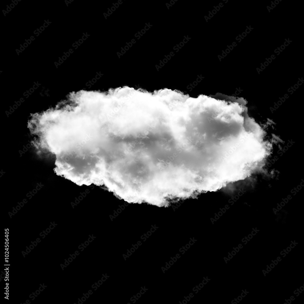 White single cloud shape over black background, fluffy single cloud White single cloud shape over black background, fluffy single cloud