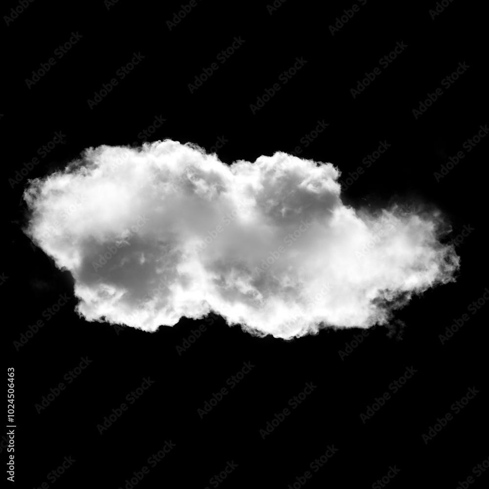 White single cloud shape over black background, fluffy single cloud White single cloud shape over black background, fluffy single cloud