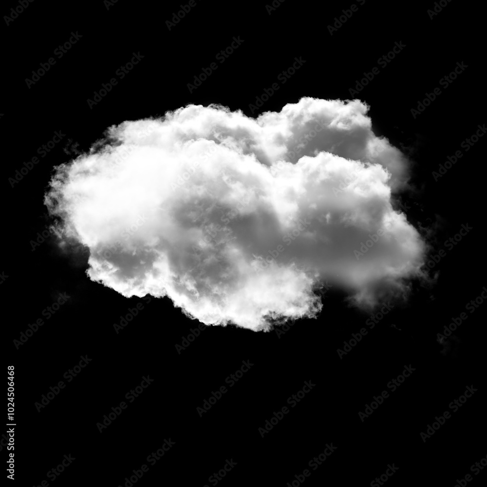 White single cloud shape over black background, fluffy single cloud White single cloud shape over black background, fluffy single cloud
