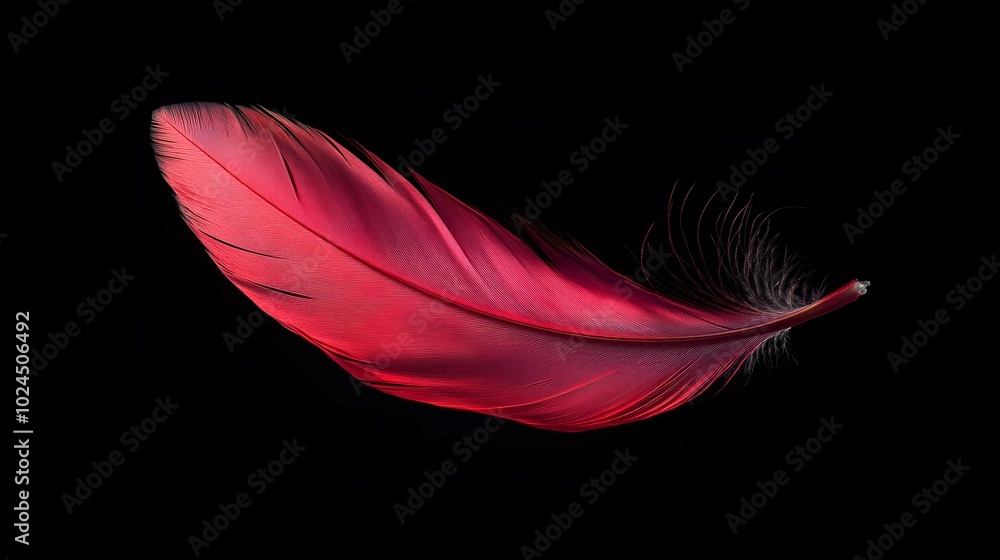 A single red feather floating in the air on a black background A single red feather floating in the air on a black background