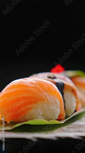 sushi on a plate closeup on a rotating table