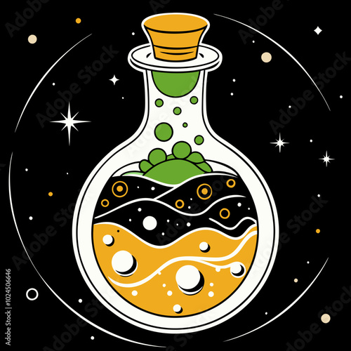 Glowing potion bottle with colorful liquid bubbling inside against a dark starry background
