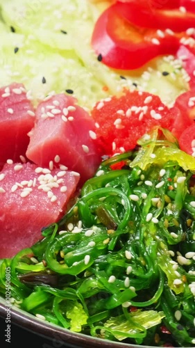 tuna salat with vegetables and herbs closeup on rotating table