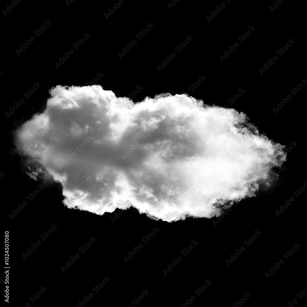 White single cloud shape over black background, fluffy single cloud White single cloud shape over black background, fluffy single cloud