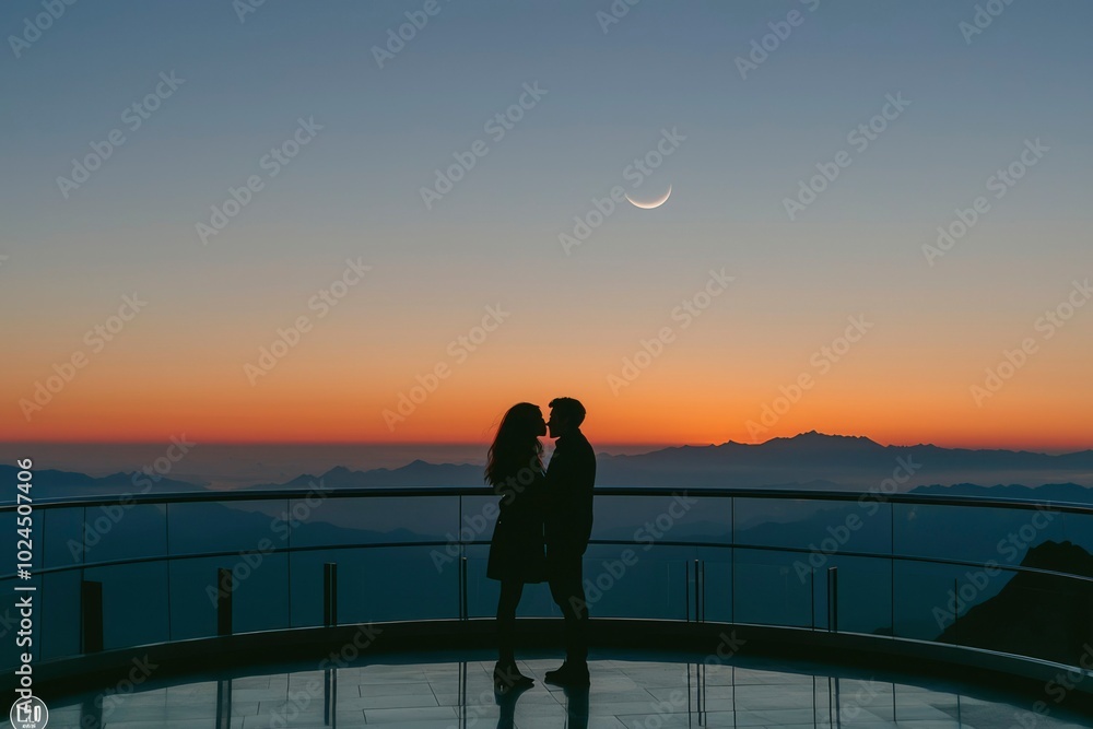 Fototapeta premium Silhouetted Couple Embracing Against a Scenic Sunset and Crescent Moon