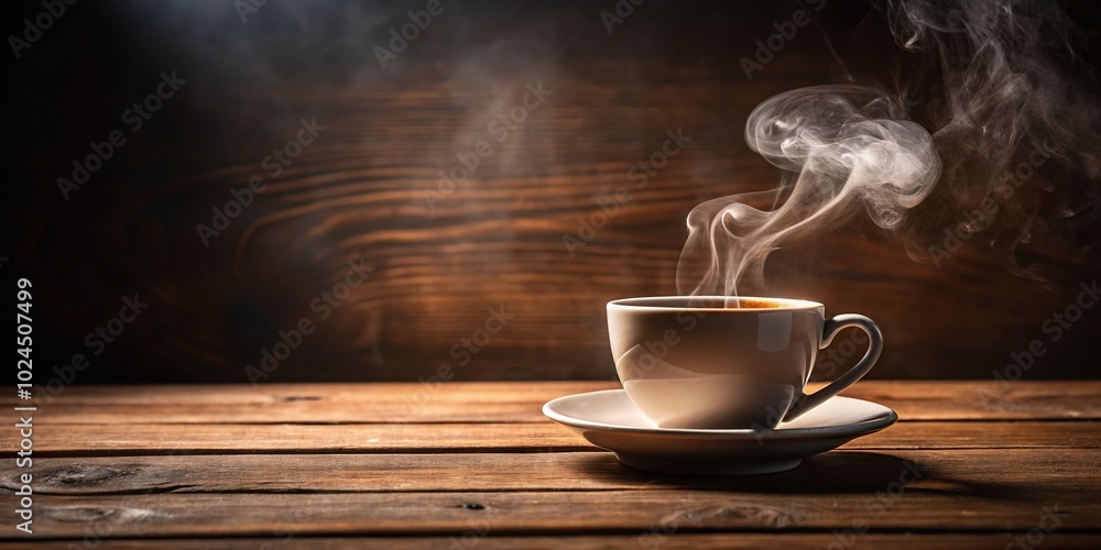 Macro view of a coffee cup on wooden table with steam rising Macro view of a coffee cup on wooden table with steam rising