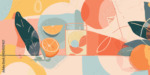 A vibrant pastel illustration featuring lemons, oranges, and citrus leaves arranged in a summery composition. Perfect for backgrounds, summer-themed projects, and fresh, colorful designs.