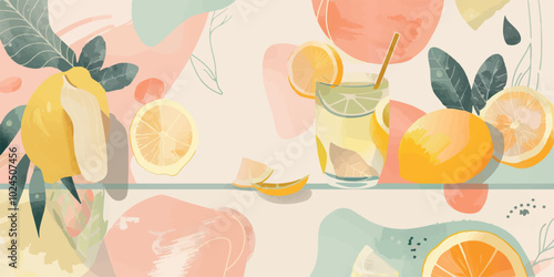 A vibrant pastel illustration featuring lemons, oranges, and citrus leaves arranged in a summery composition. Perfect for backgrounds, summer-themed projects, and fresh, colorful designs.