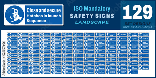 129 set ISO mandatory safety signs v17_close and secure hatches in launch sequence._landscape size 1/2 a4,a3,a2,a1	
