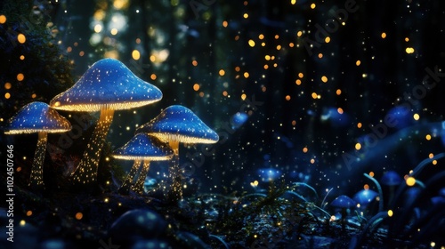 Enchanting blue mushrooms glowing in a mystical forest environment