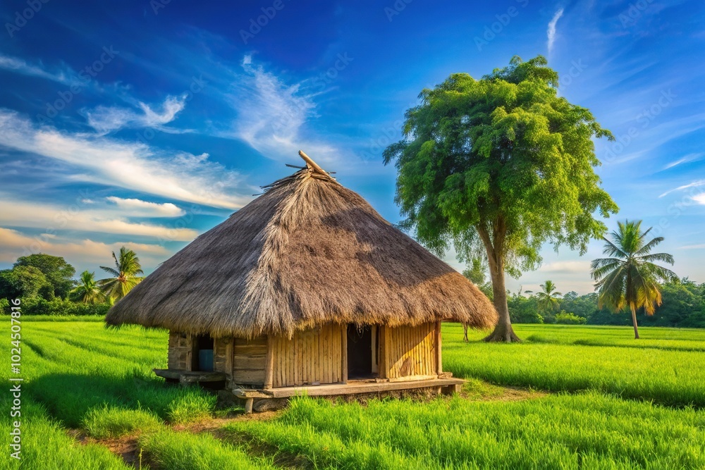 Macro viewpoint of a thatched hut in a farm field with green trees and a blue sky in the background Macro viewpoint of a thatched hut in a farm field with green trees and a blue sky in the background