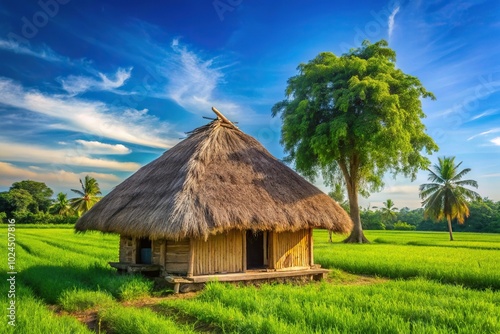 Macro viewpoint of a thatched hut in a farm field with green trees and a blue sky in the background