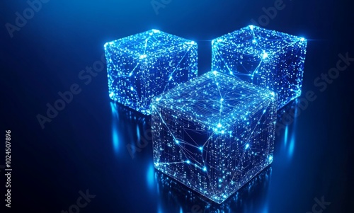 3D Wireframe Cubes with Glowing Interconnected Nodes in a Digital Low Poly. for blockchain cryptography, data visualization, quantum computing, AI networking, secure data transfer.