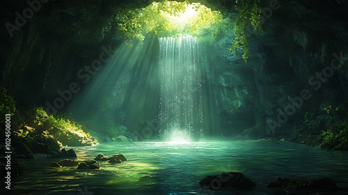 Sunlight streams through a cave opening, illuminating a waterfall and a pool of water. © pete99