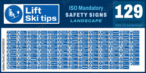 129 set ISO mandatory safety signs v16_lift ski tips_landscape size 1/2 a4,a3,a2,a1	
