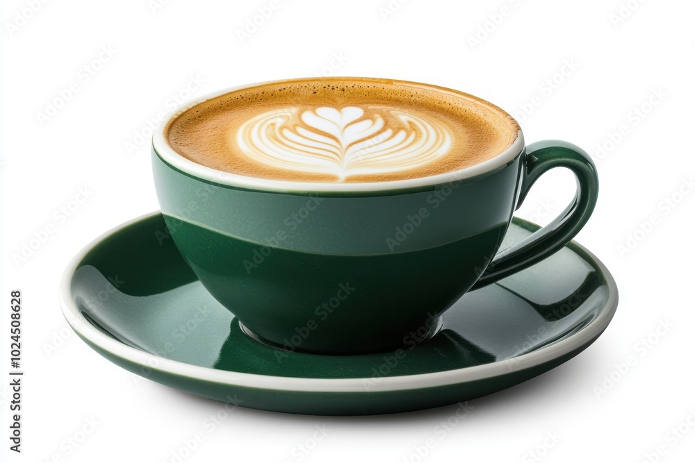Side view of hot latte coffee with latte art in a ceramic green cup and saucer isolated on white