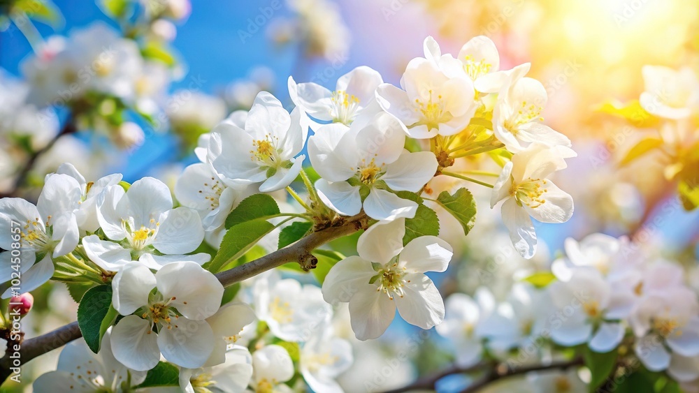 Macro white spring apple tree blossoms in sunny weather Macro white spring apple tree blossoms in sunny weather