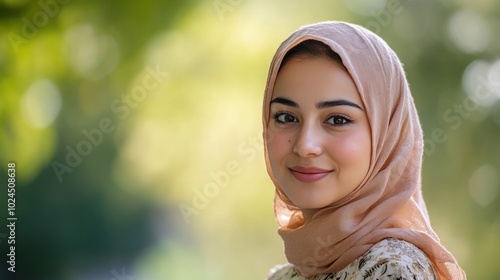 Portrait of a Muslim woman wearing a Yihaf dress, with a soft smile