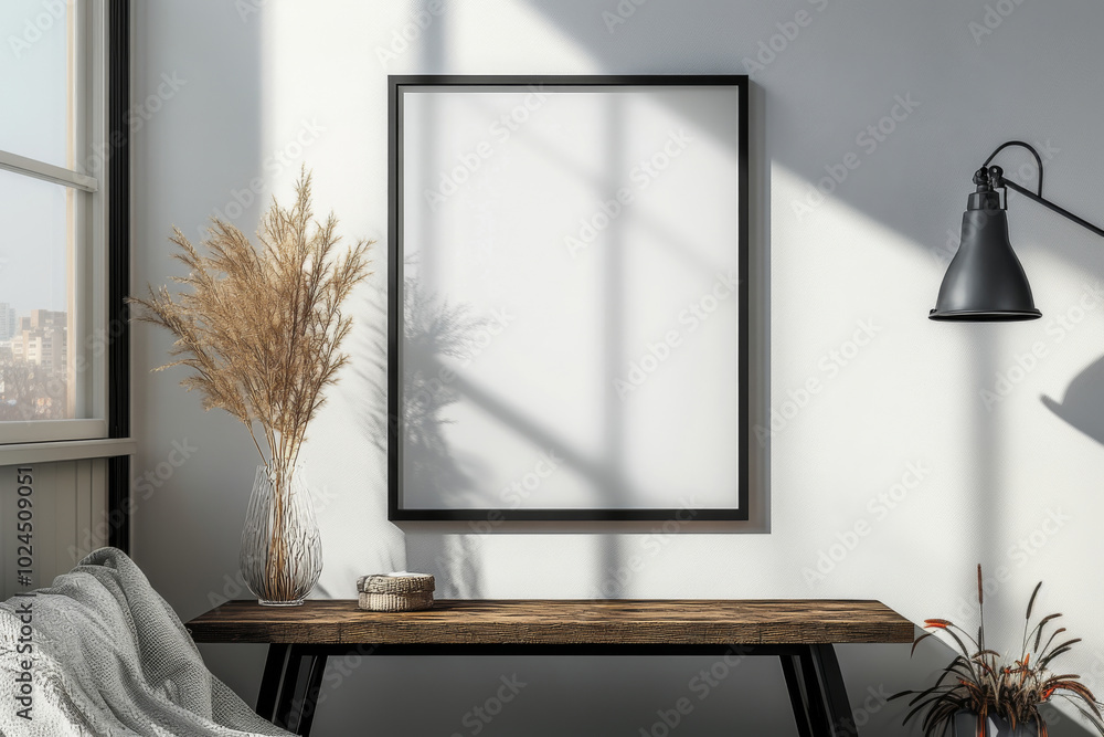Sunlight casting shadows on a minimalist home office interior with a blank picture frame providing copy space Sunlight casting shadows on a minimalist home office interior with a blank picture frame providing copy space