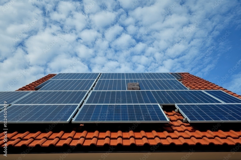 Solar panels on the roof of the house and blue sky Solar panels on the roof of the house and blue sky