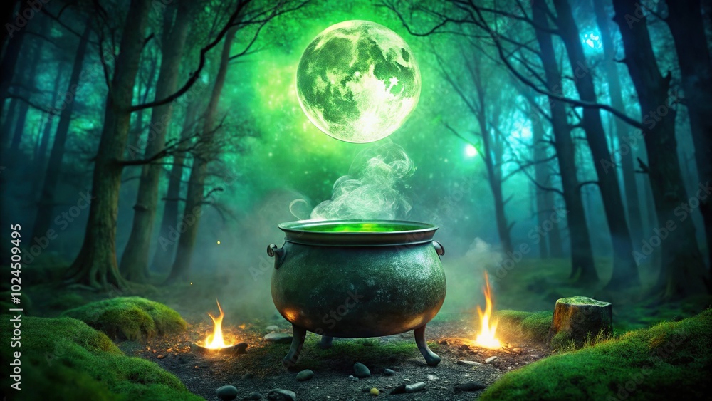 Magical cauldron bubbling green potion in haunted forest under full moon with depth of field Magical cauldron bubbling green potion in haunted forest under full moon with depth of field