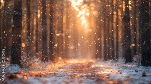 Snow-covered trees in a frozen forest with a blurred background.