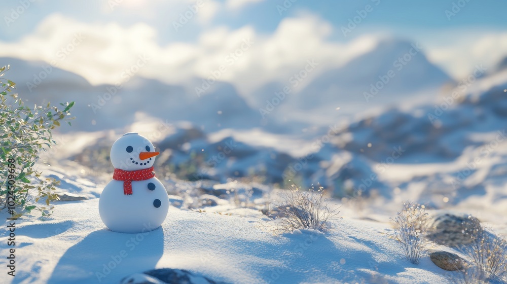 Obraz premium Standing on snow, under a bright winter sky, is a happy snowman wearing a red scarf