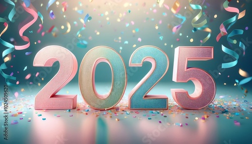 A vibrant celebration scene featuring sparkling "2025" numbers surrounded by colorful confetti and streamers, conveying a joyous New Year atmosphere.