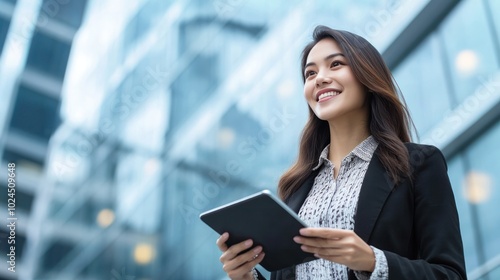 Engineer woman smiling and holding a tablet, standing in front of a building, isolated on a white background