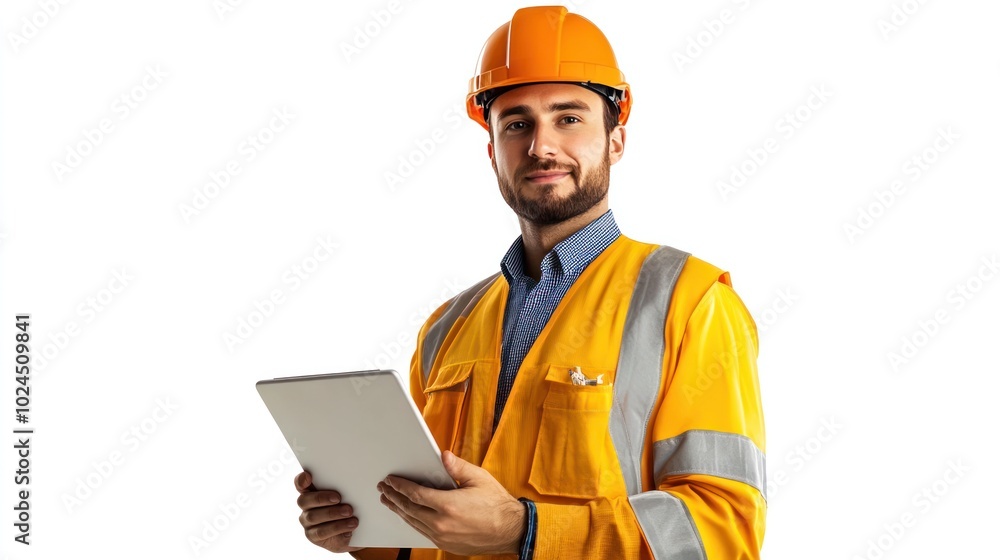Engineer portrait shot with a tablet and notebook at a construction site, isolated on a white background Engineer portrait shot with a tablet and notebook at a construction site, isolated on a white background