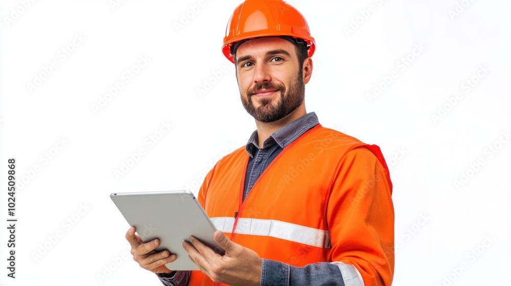 Engineer portrait shot with a tablet and notebook at a construction site, isolated on a white background Engineer portrait shot with a tablet and notebook at a construction site, isolated on a white background