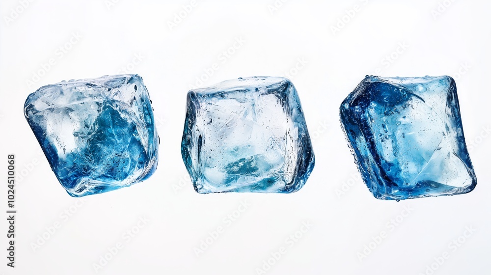 Close-Up of Three Ice Cubes with Smooth Rounded Edges and Glossy Surfaces Against White Background, Detailed Blue and White Hues with Intricate Patterns Close-Up of Three Ice Cubes with Smooth Rounded Edges and Glossy Surfaces Against White Background, Detailed Blue and White Hues with Intricate Patterns