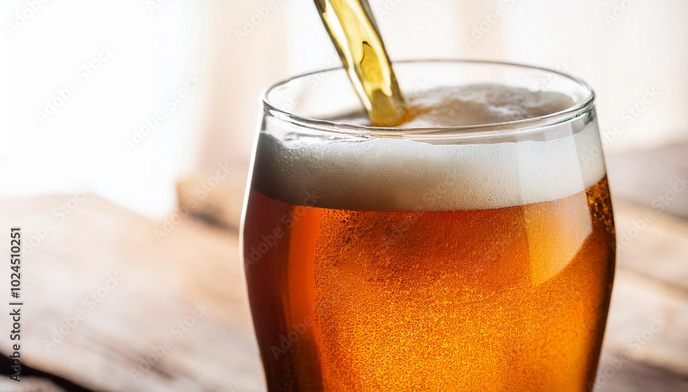Amber Beer. Glass of fresh and cold beer. Pouring craft beer. Shallow depth of field