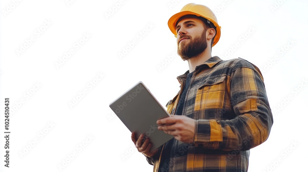 Engineer man holding a tablet and inspecting the building site, isolated on a white background
