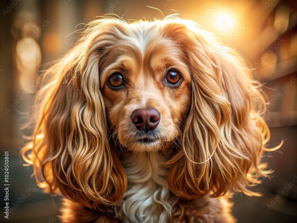 Naklejka premium Adorable Long-Haired Curly Dog Portrait in Soft Light, Perfect for Pet Lovers and Animal Enthusiasts