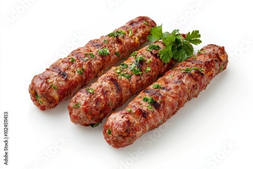 Traditional Turkish Adana kebab or kebap meat food, isolated on white background with clipping path