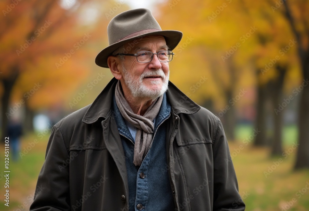 Close up of a old elegant man on walk in park on autumn day Close up of a old elegant man on walk in park on autumn day