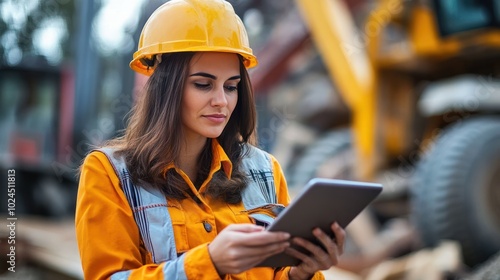 Beautiful engineer woman in a construction site, working with a tablet