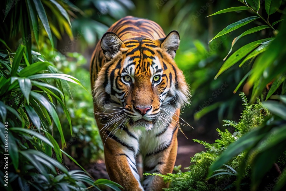 Fototapeta premium Magnificent tiger prowling jungle undergrowth with striped coat blending in shadows