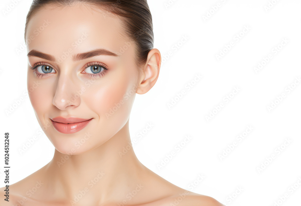 Close-up portrait of a smiling woman with natural makeup and clear skin, isolated. Close-up portrait of a smiling woman with natural makeup and clear skin, isolated.